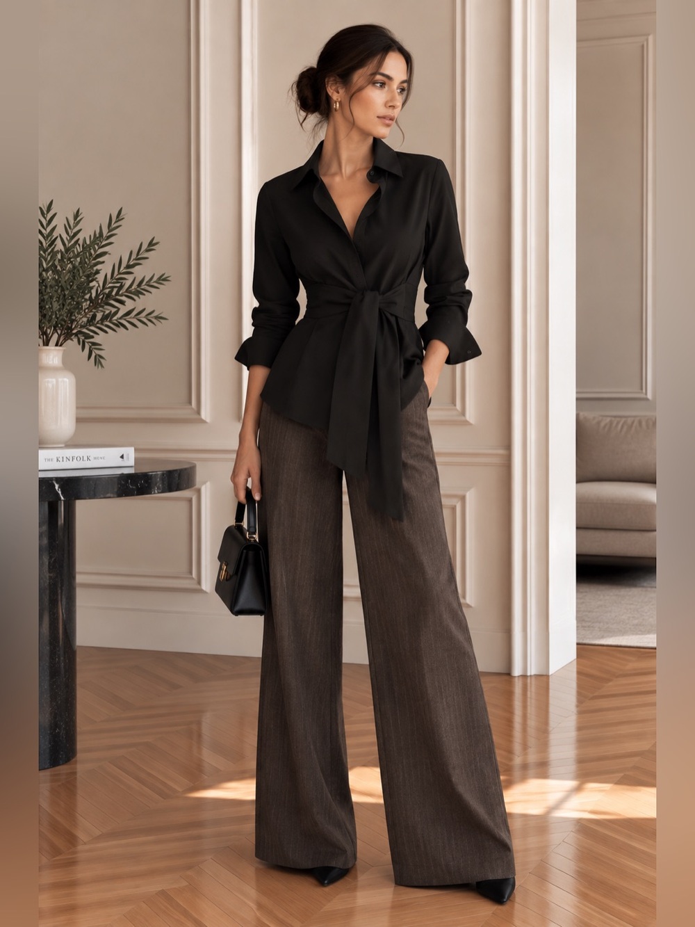 Commense Black Button Down Tie Front Long Shirt S | Sold Out